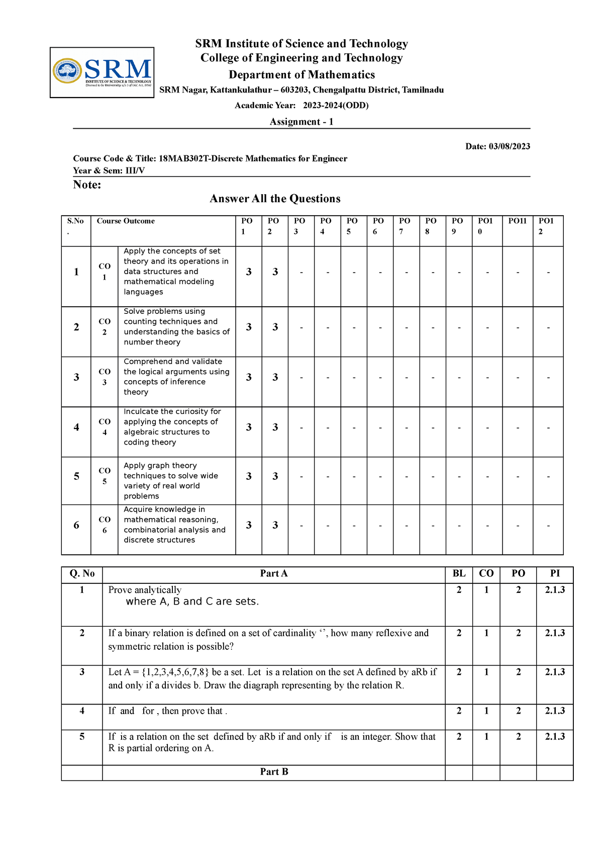 Assignment 1 18MAB302T- Discrete Mathematics For Engineers - SRM ...