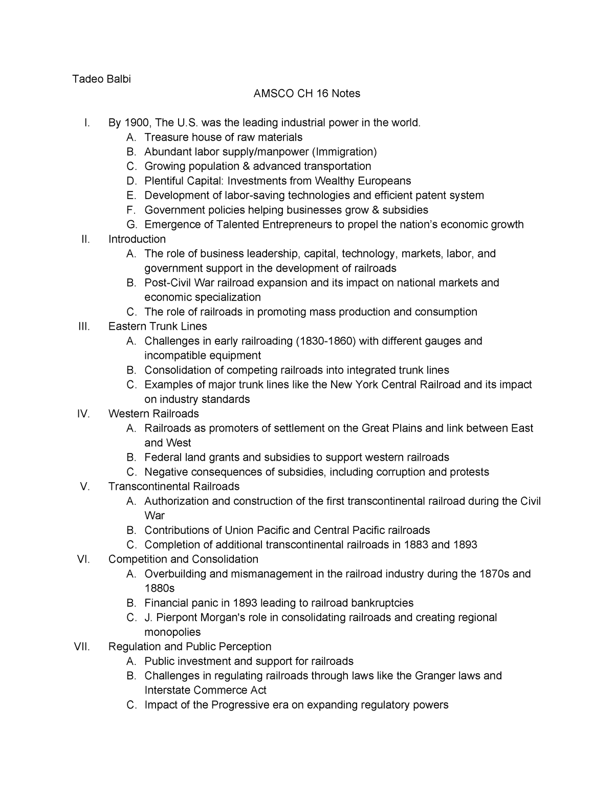 Amsco CH 16 Notes - Tadeo Balbi AMSCO CH 16 Notes I. By 1900, The U ...