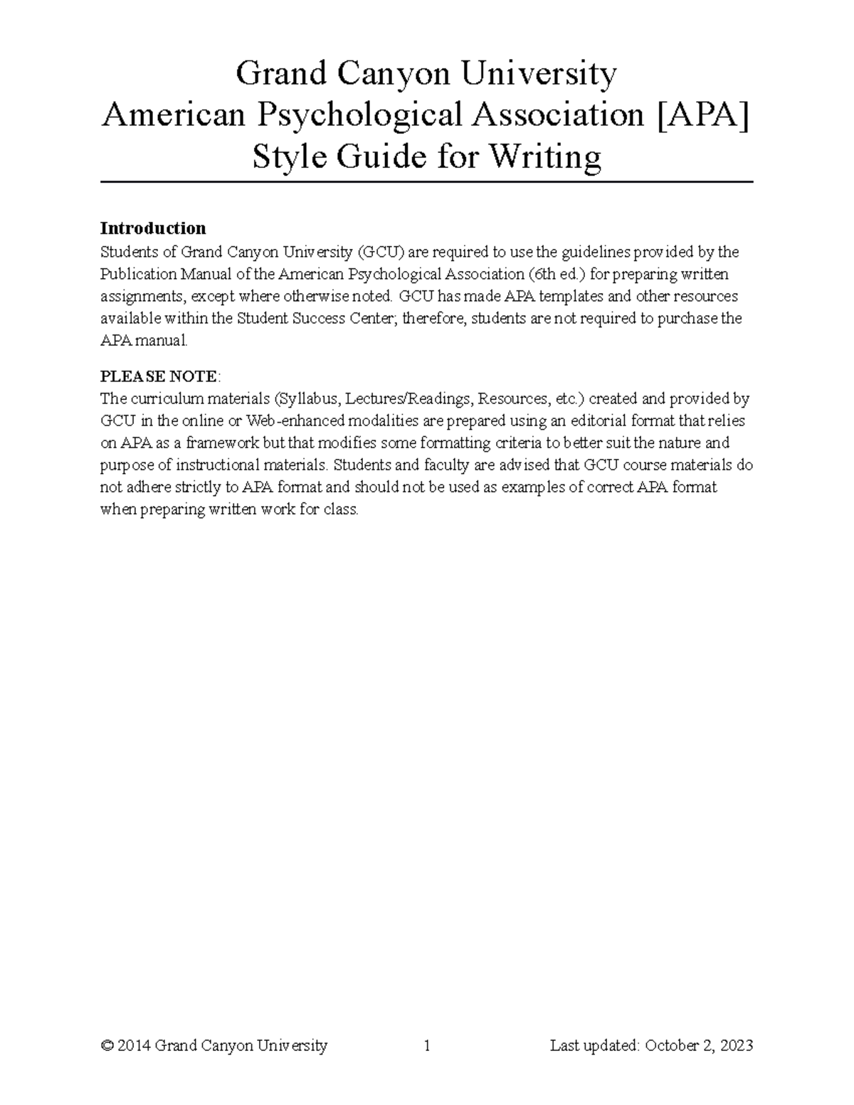 APA 6th Edition Style Guide Grand Canyon University American