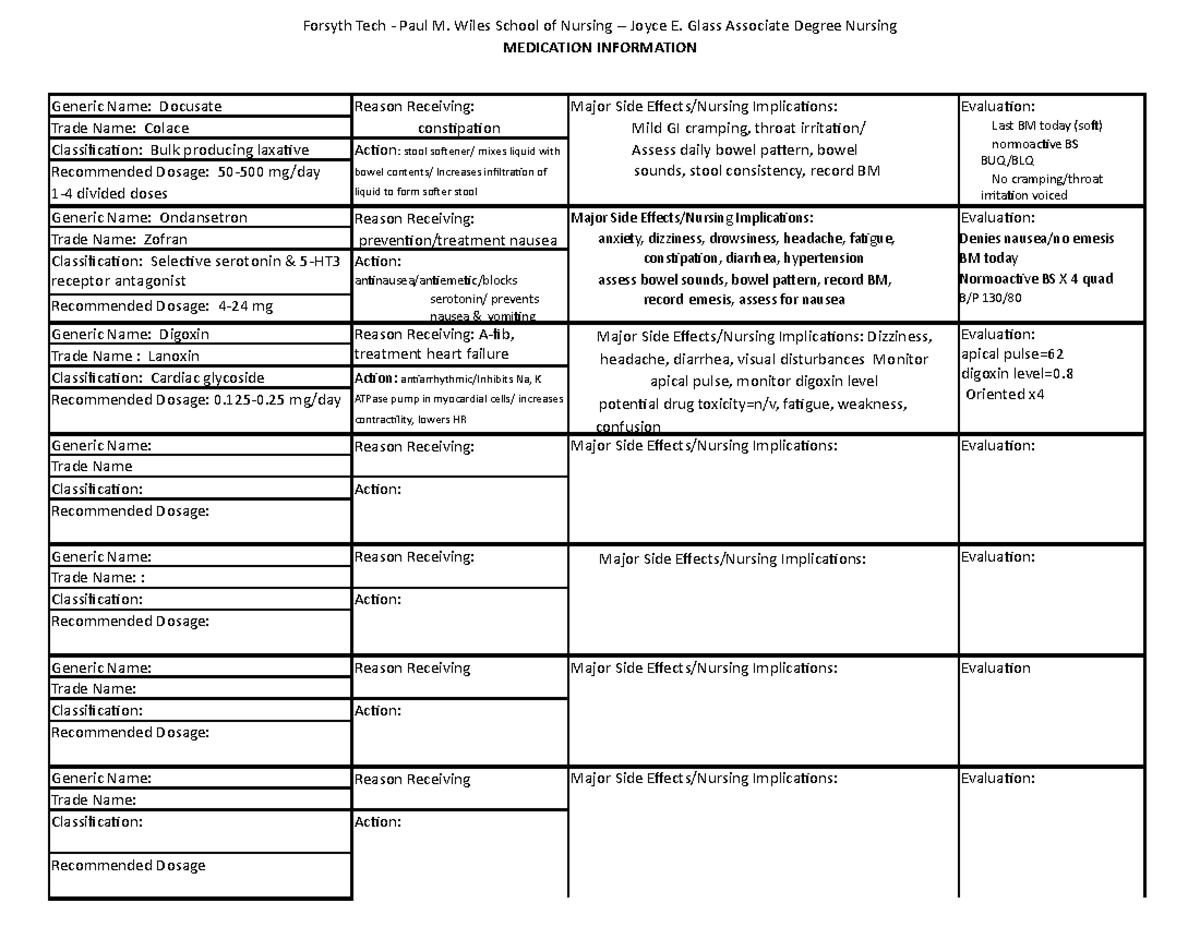 5M Partial Sample Medication Sheet for students Forsyth Tech Paul M. Wiles School of Nursing