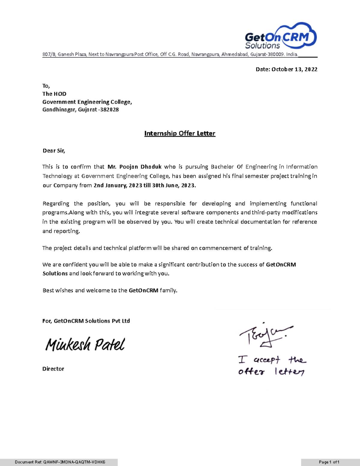 Internship Offer Letter - Poojan Dhaduk - 807/B, Ganesh Plaza, Next to ...