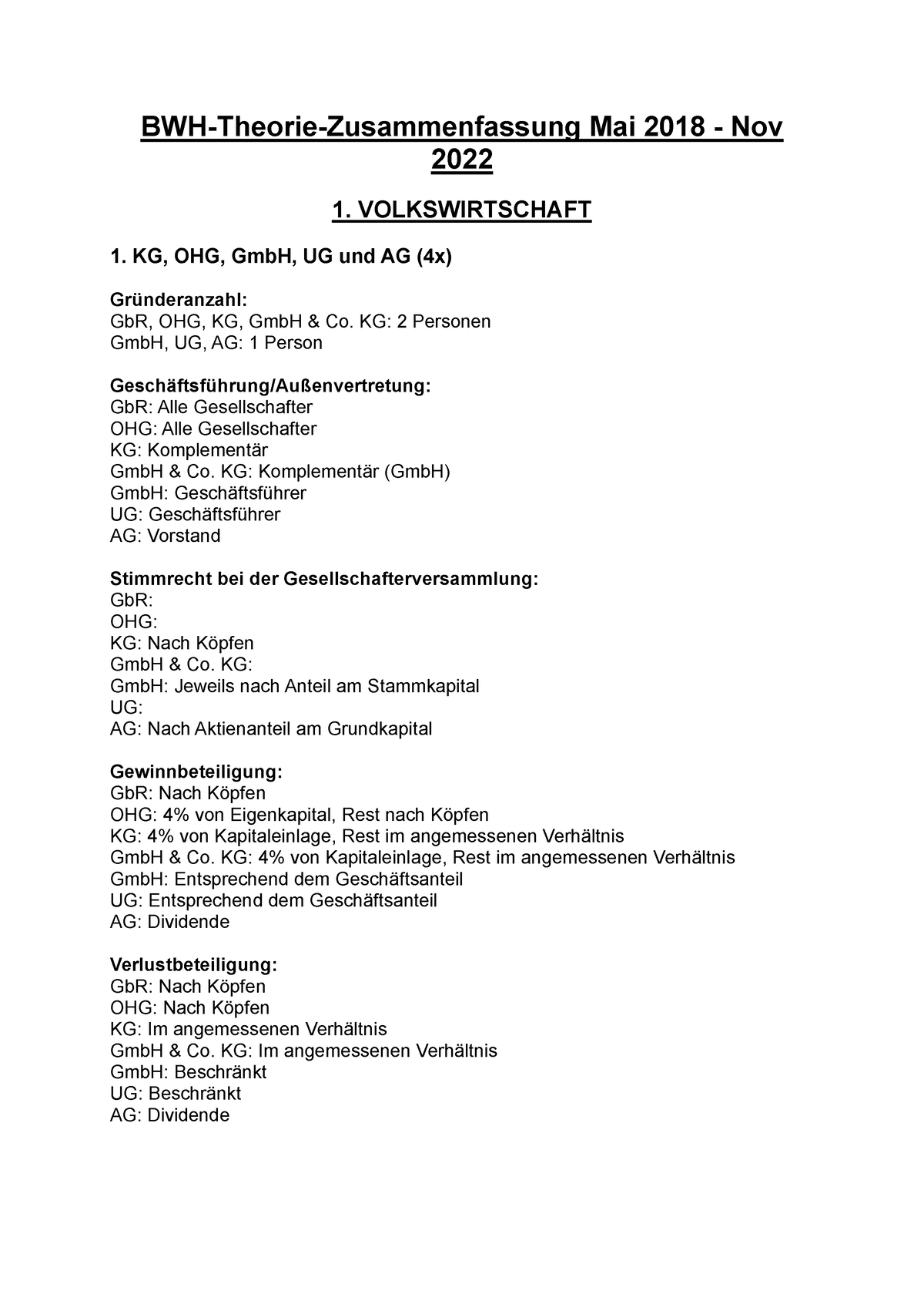 BWH-Theorie-Zusammenfassung - VOLKSWIRTSCHAFT 1. KG, OHG, GmbH, UG und ...