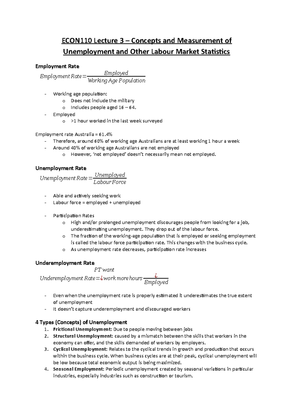 ECON110 Lecture 3 Notes - ECON110 Lecture 3 Concepts and Measurement of ...