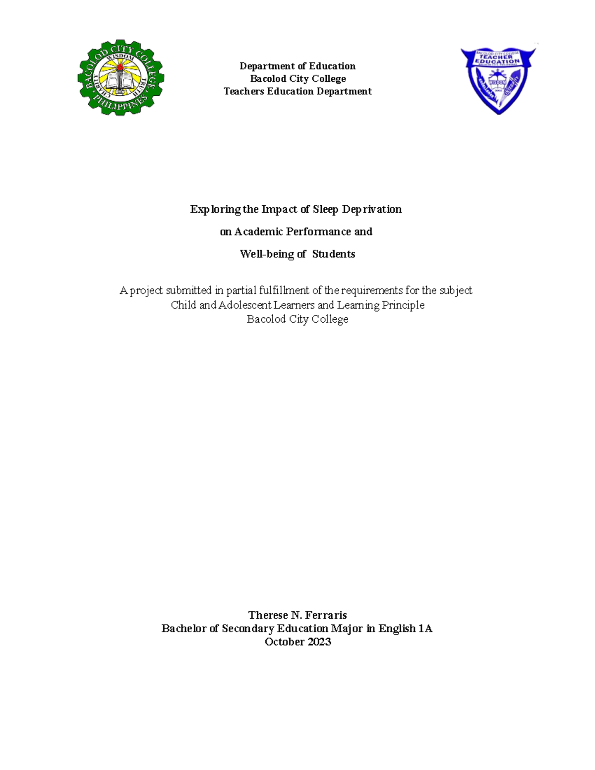 EDU101ActionResearch Bacolod City College Teachers Education