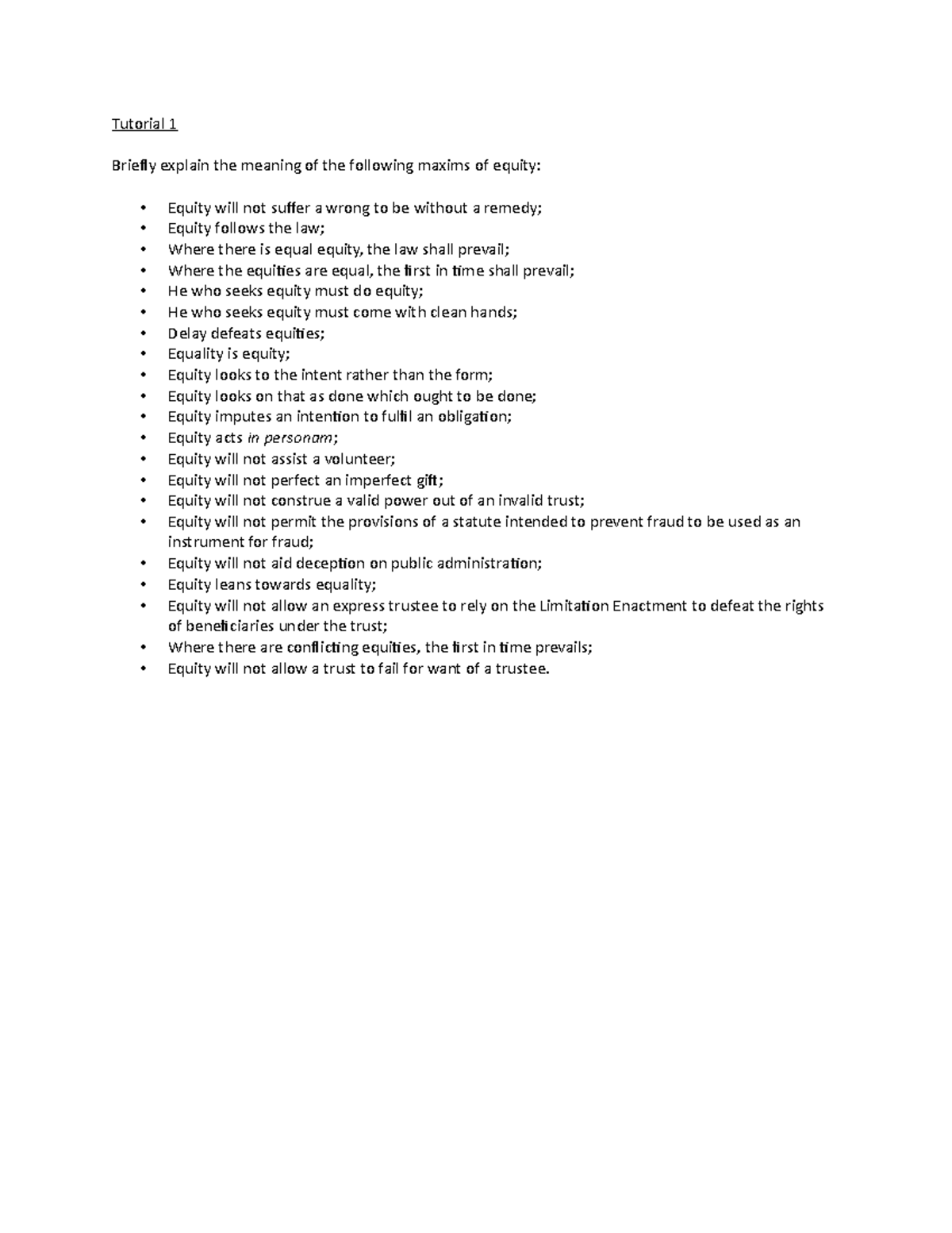 Tutorial 1 - equity tuto 1 - Tutorial 1 Briefly explain the meaning of ...