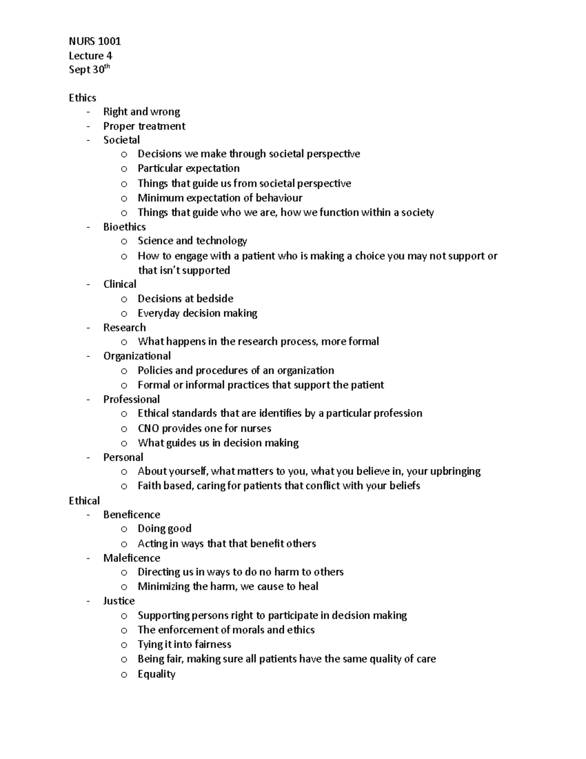 NURS1001 - Lecture 4 - Sept 30th - Lecture 4 Sept 30th Ethics - Right ...