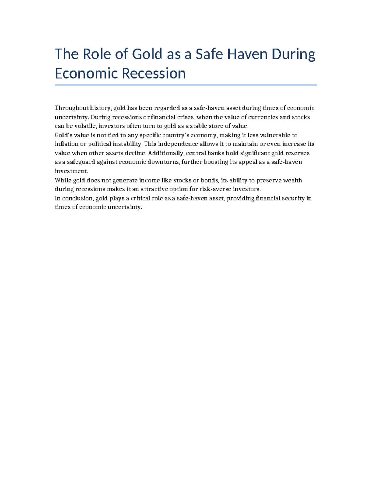 The Role Of Gold As A Safe Haven During Economic Recession The Role