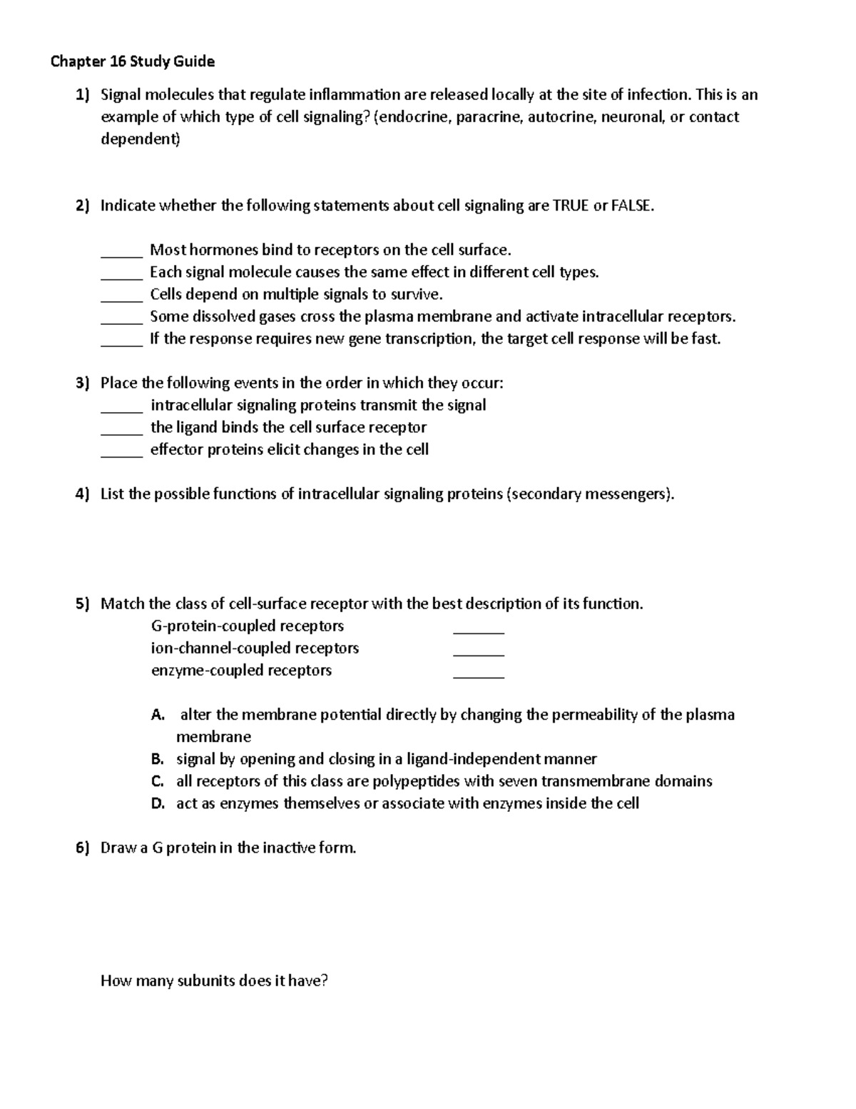 Chapter 16 Study Guide - Chapter 16 Study Guide Signal molecules that ...