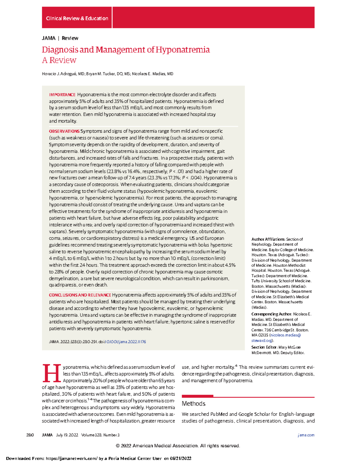Hiponatremia JAMA - Diagnosis and Management of Hyponatremia A Review ...
