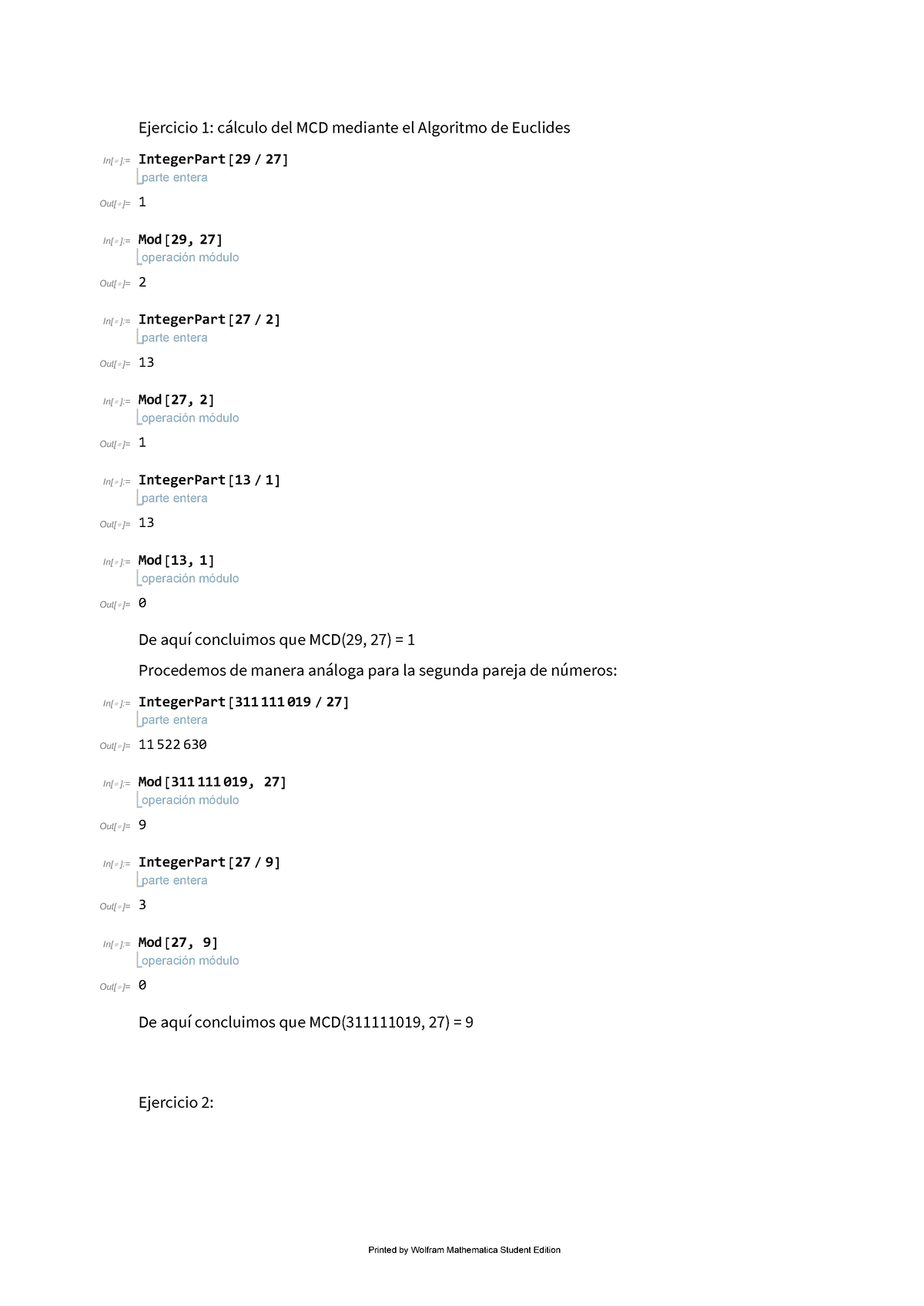 Práctica 2 Mathematica Ejercicio 1 Cálculo Del Mcd Mediante El Algoritmo De Euclides In 7730