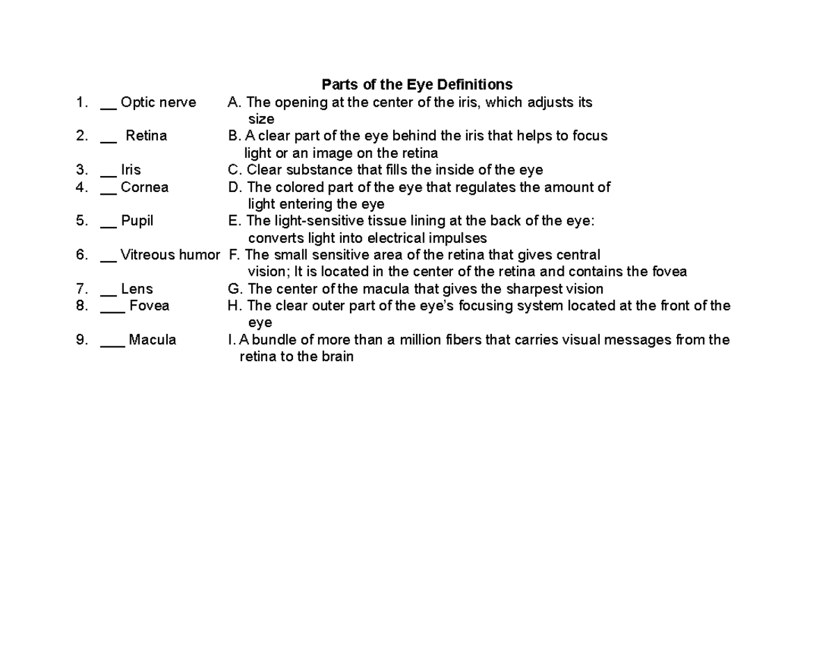 Parts of the Eye Definitions Matching Parts of the Eye Definitions