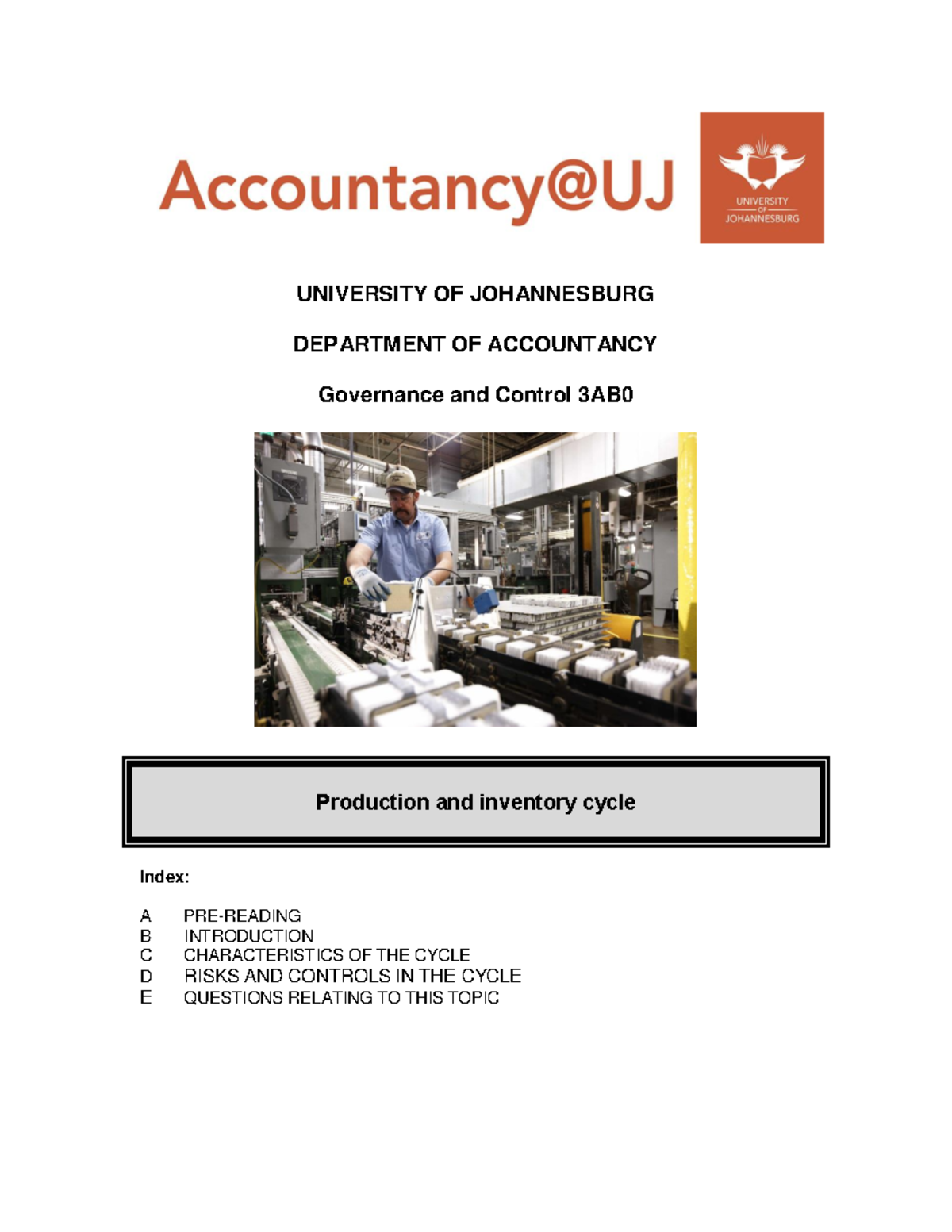 Production and inventory module - UNIVERSITY OF JOHANNESBURG DEPARTMENT ...