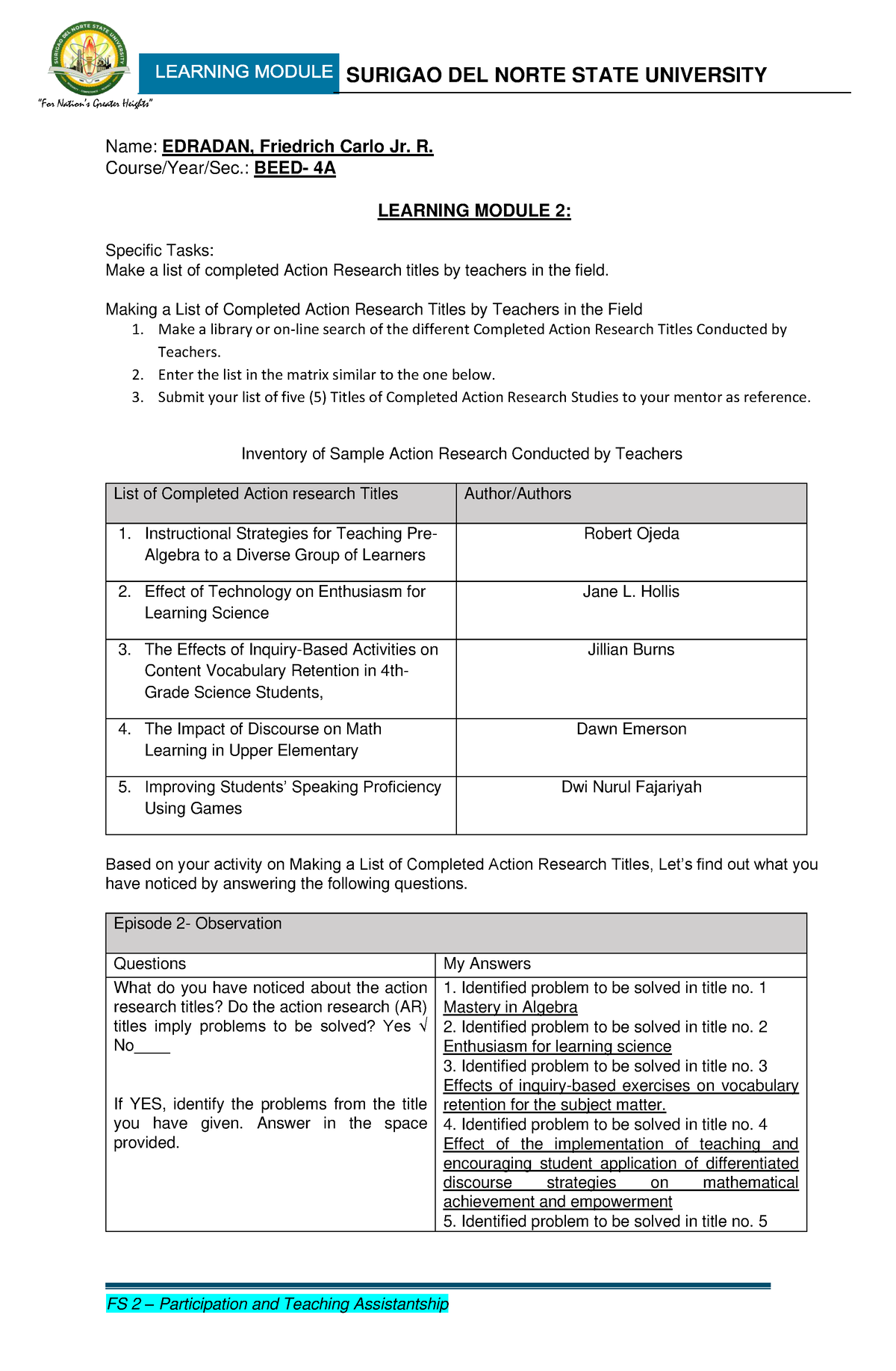 list of completed action research titles with authors philippines