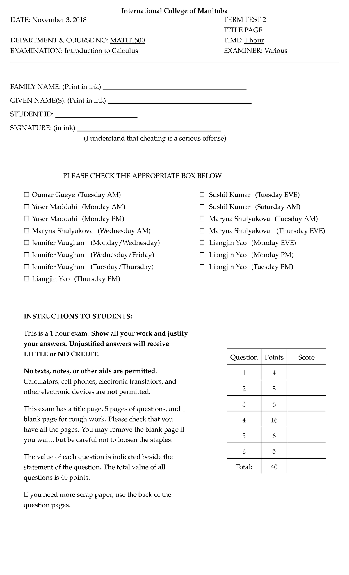 Midterm 2 2018, answers - DATE: November 3, 2018 DEPARTMENT & COURSE NO ...