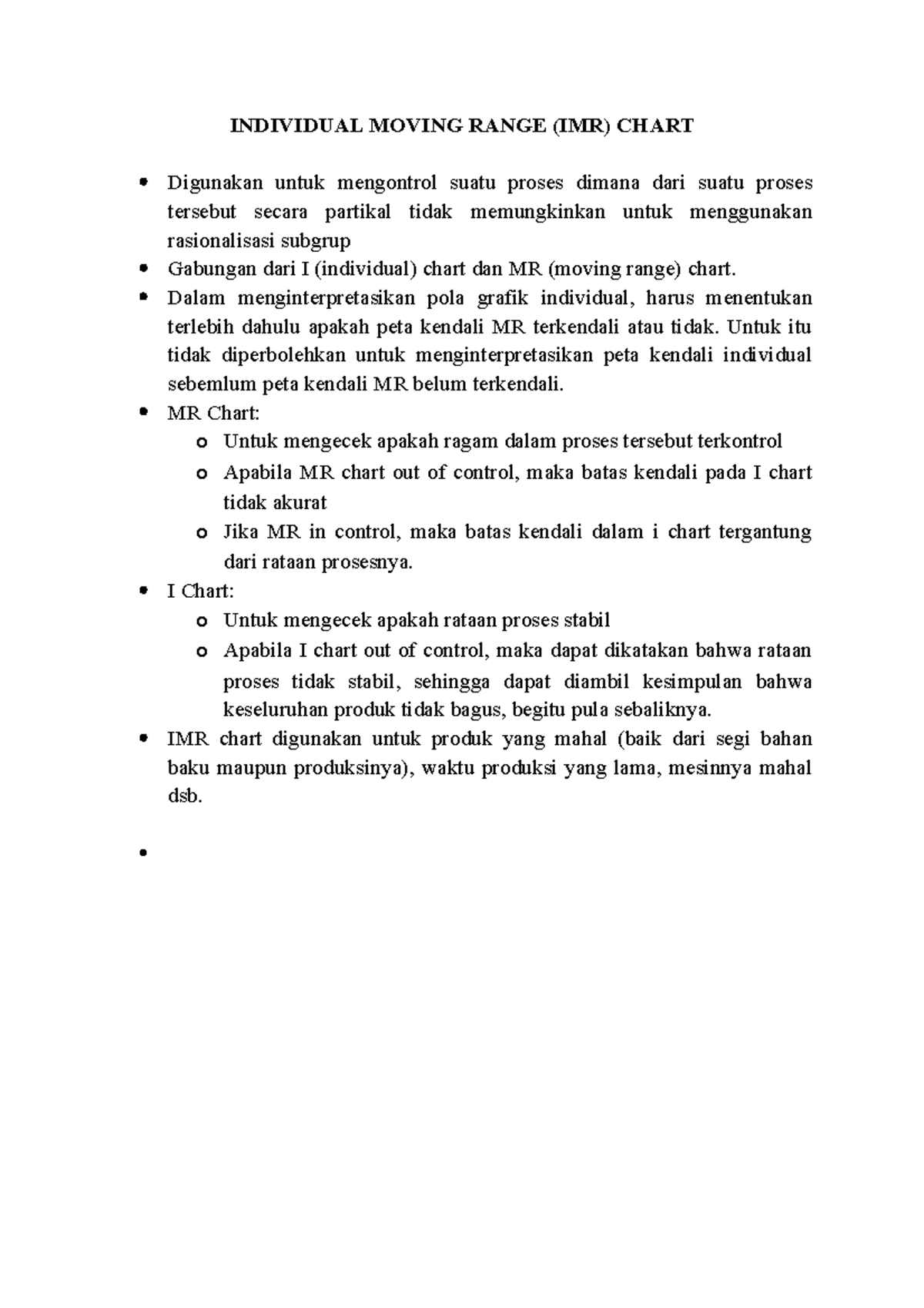 Contoh SOAL SPM INDIVIDUAL MOVING RANGE (IMR) CHART Digunakan untuk