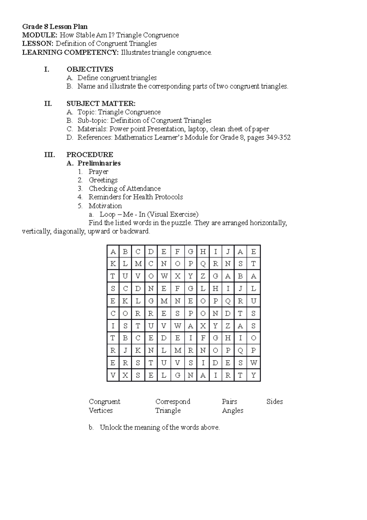 COT 1 2020 2021 p.s.t Grade 8 Lesson Plan MODULE How Stable Am I? Triangle Congruence