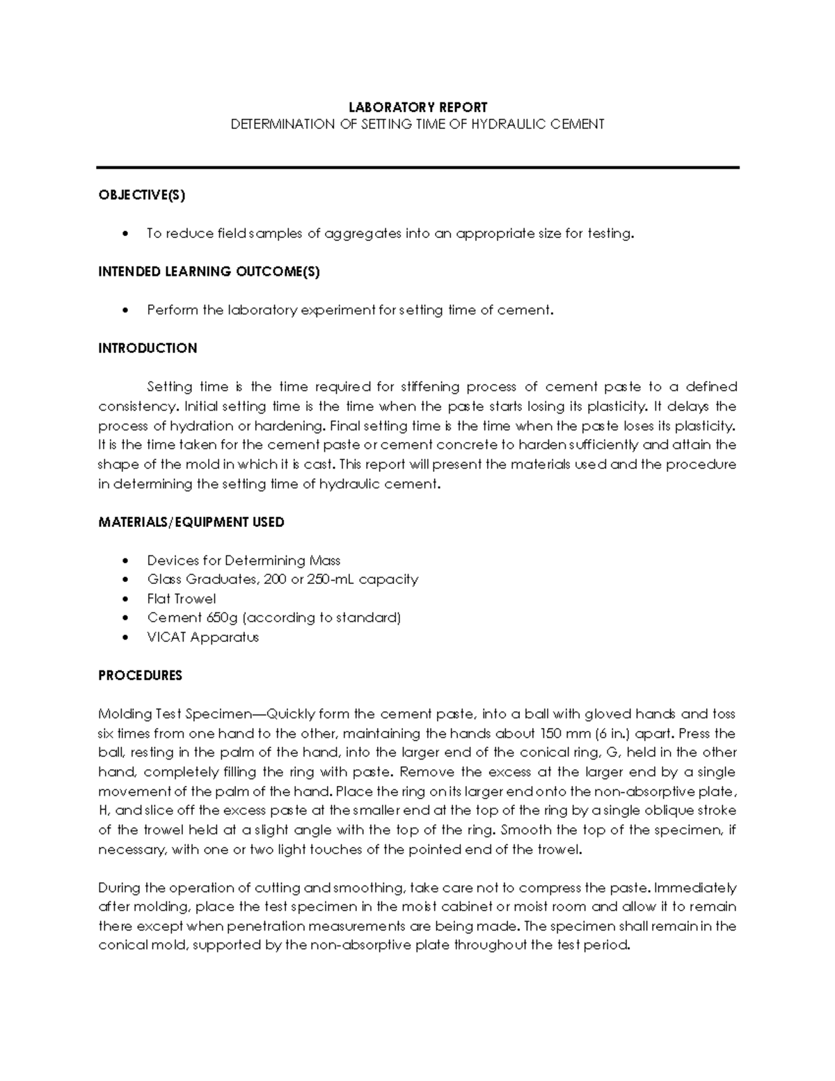 Lab Report Determination of Setting Time of Hydraulic Cement