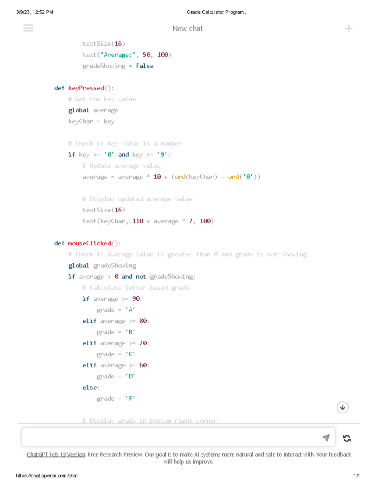 Grade Calculator Program - chat.openai/chat 1/ textSize( 16 ) text ...