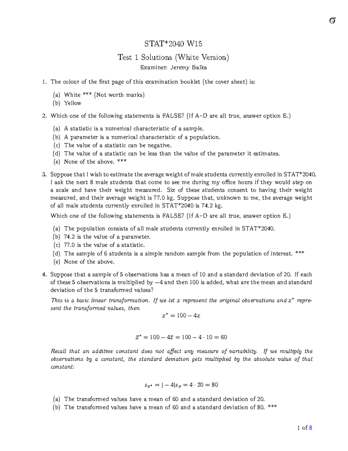 Midterm 1 - STAT*2040 W Test 1 Solutions (White Version) Examiner ...