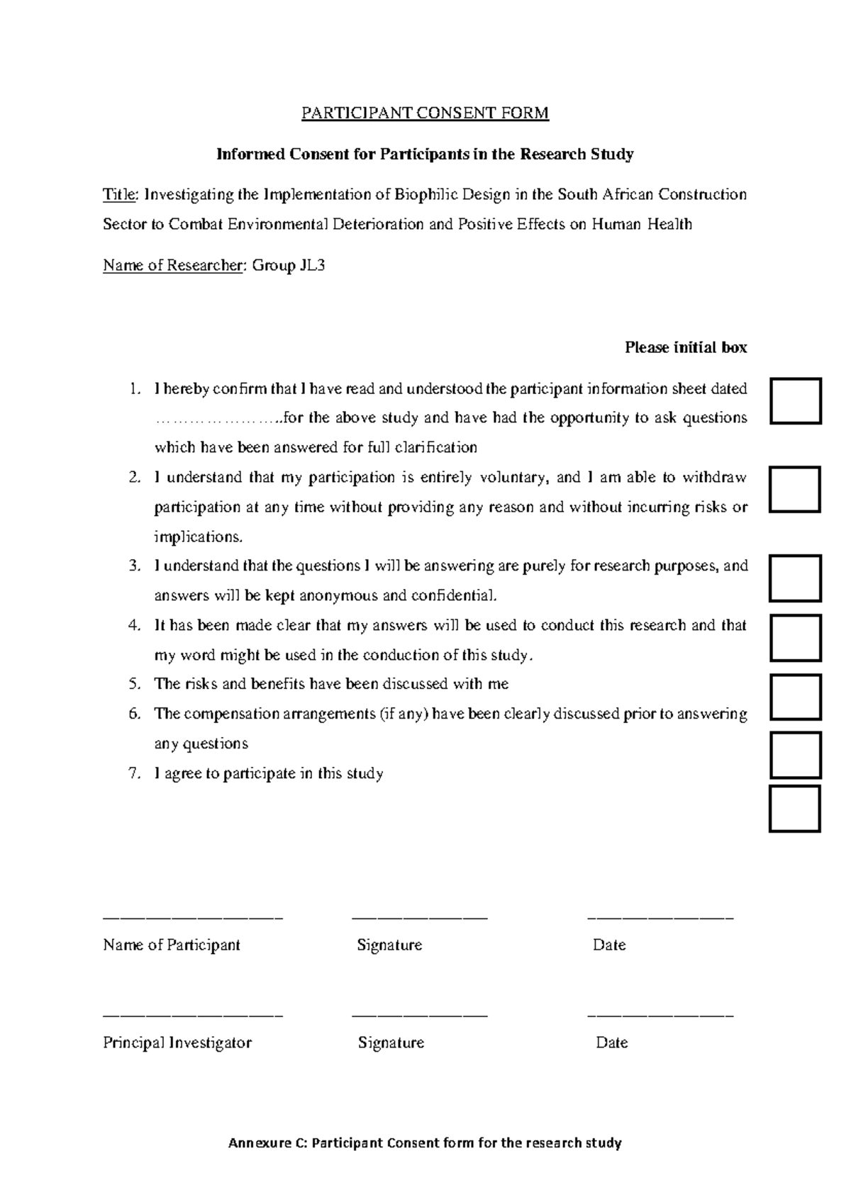 Participant Consent FORM - Annexure C: Participant Consent form for the ...