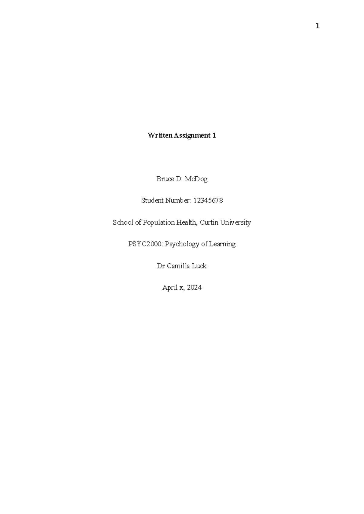 Example Title Page(1) - psych2000 - 1 Written Assignment 1 Bruce D ...