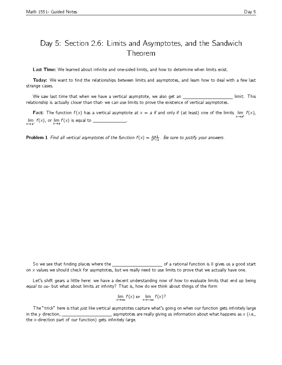 Day 5 - ... - Math 1551- Guided Notes Day 5 Day 5: Section 2: Limits ...