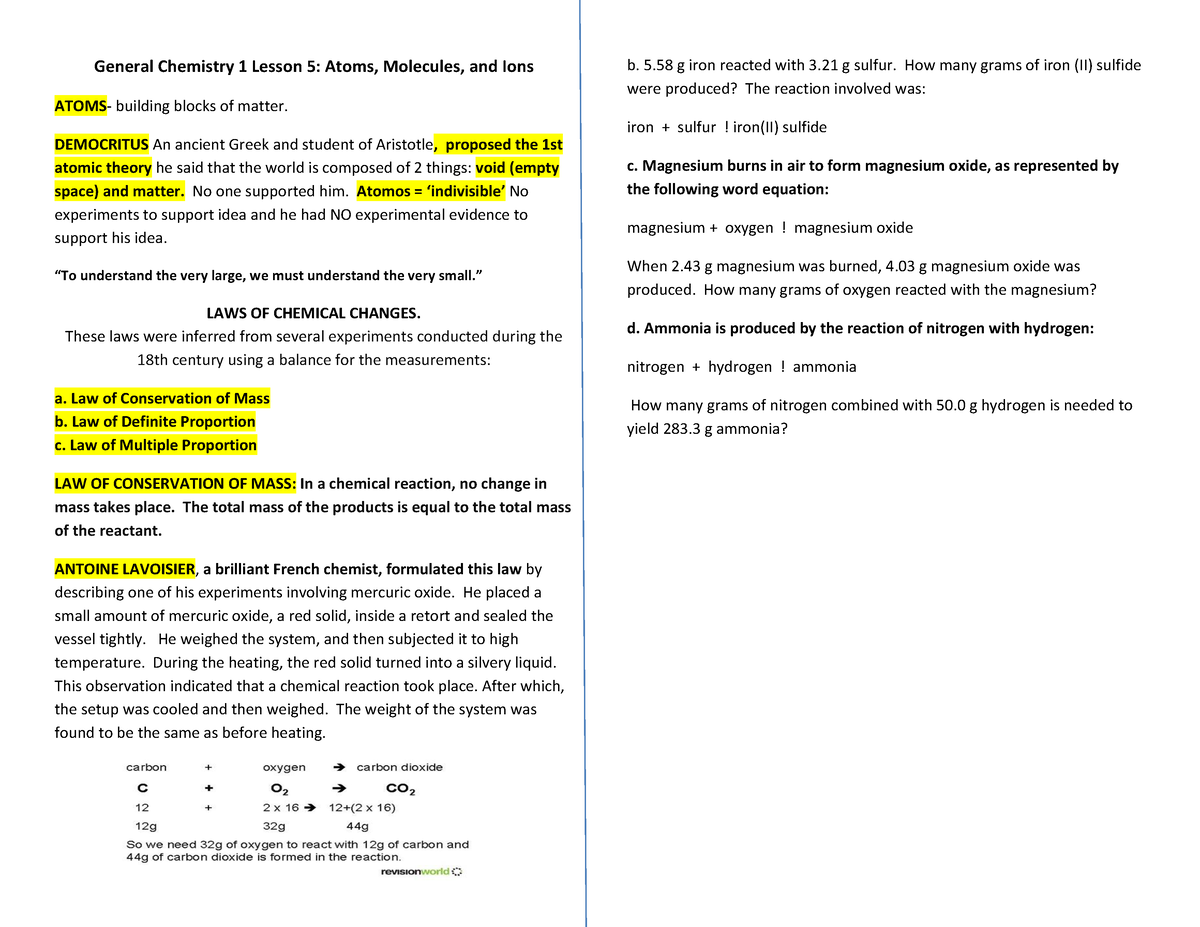 Chemistry Notes Pt. 1 - General Chemistry 1 Lesson 5: Atoms, Molecules ...