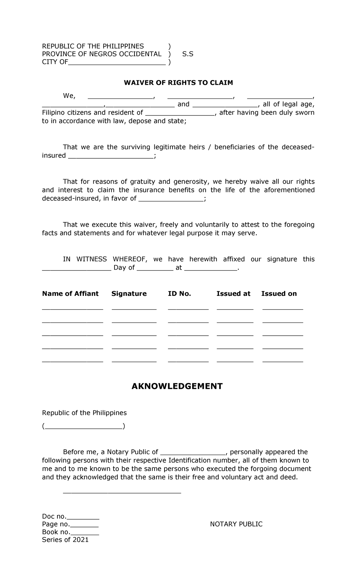 Waiver OF Rights FORM - REPUBLIC OF THE PHILIPPINES ) PROVINCE OF ...