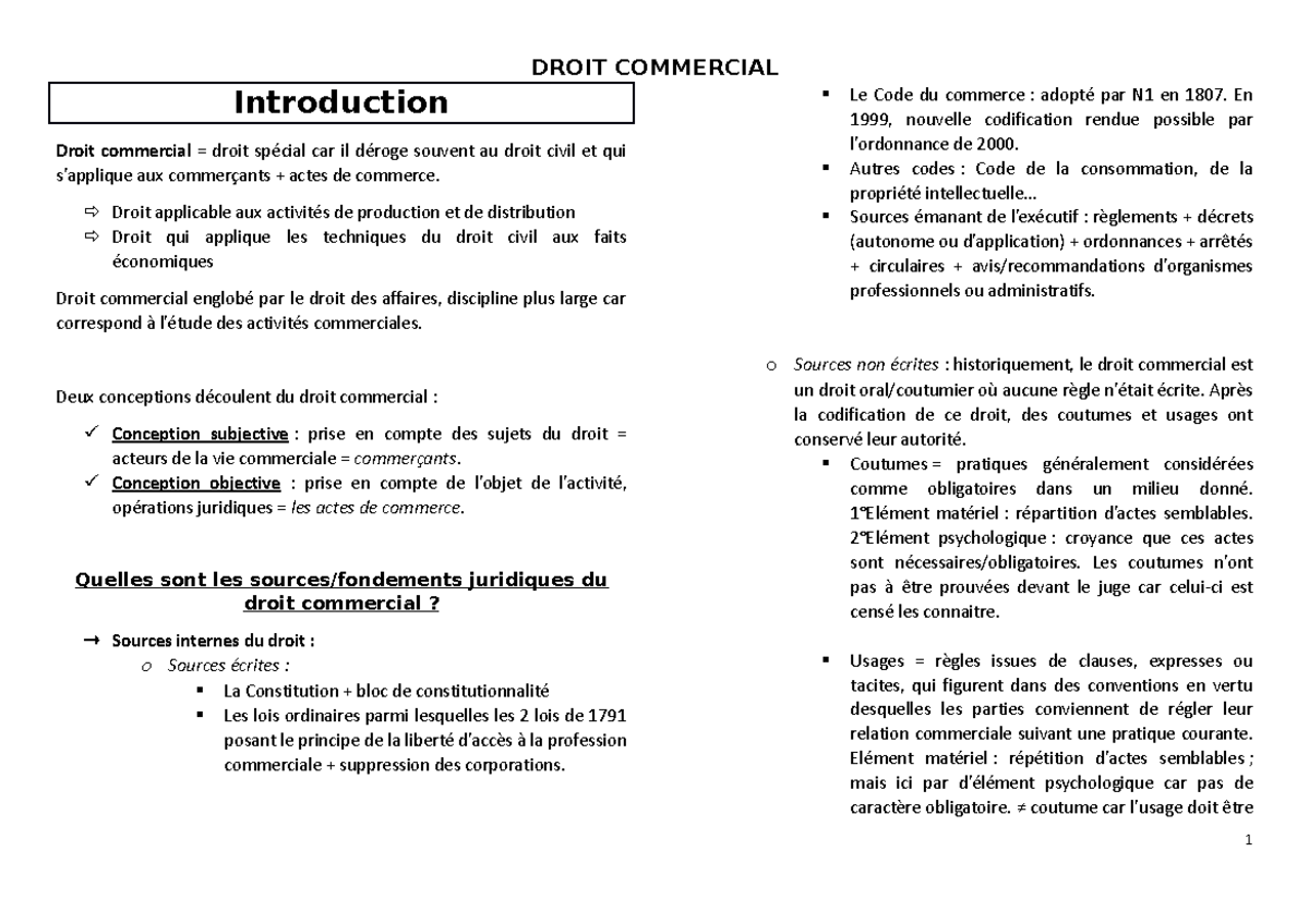CM+ Droit commercial Cour magistral Introduction Droit commercial