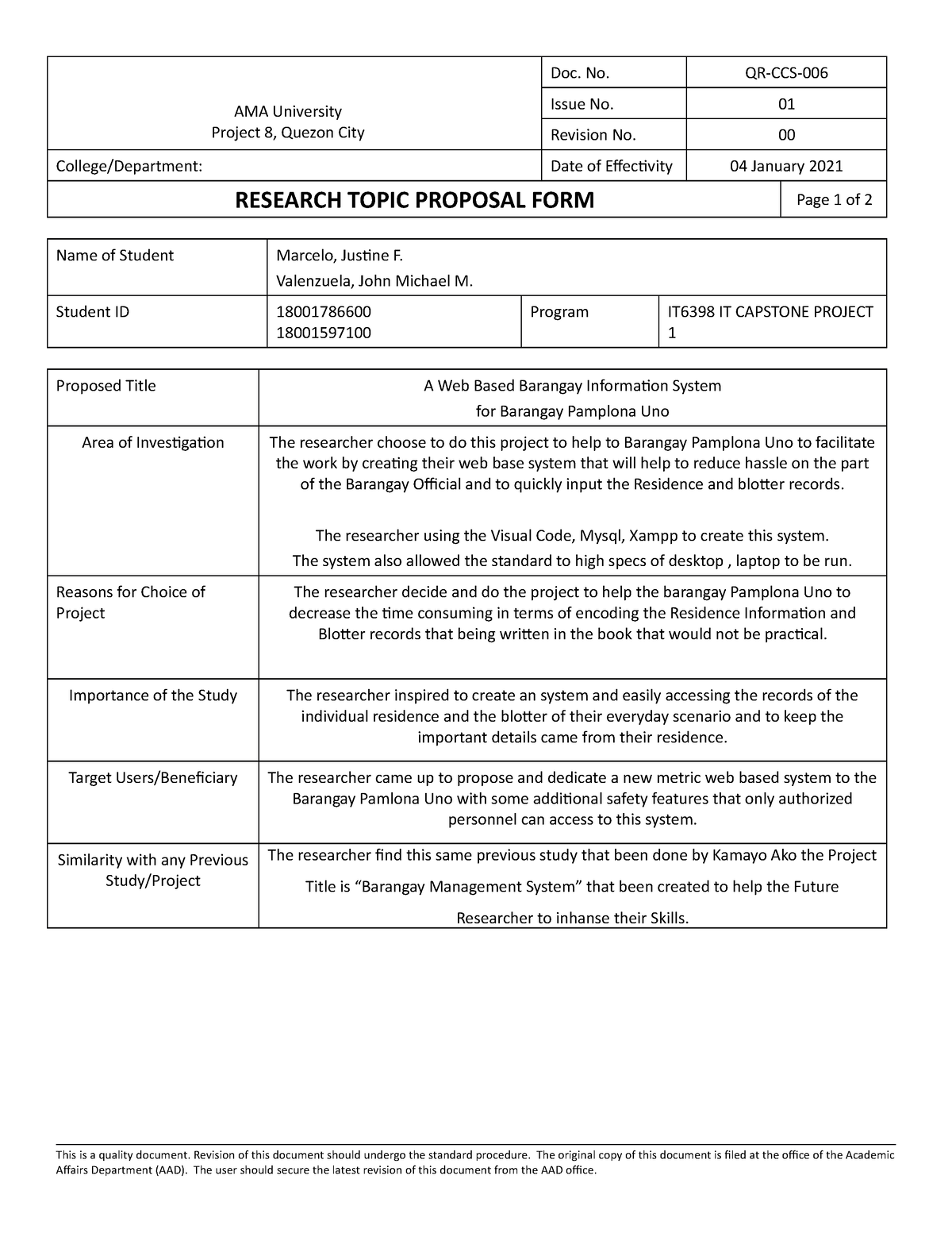 Title Proposal - sfajhdjdsjds - Doc. No. QR-CCS- Issue No. 01 Revision ...