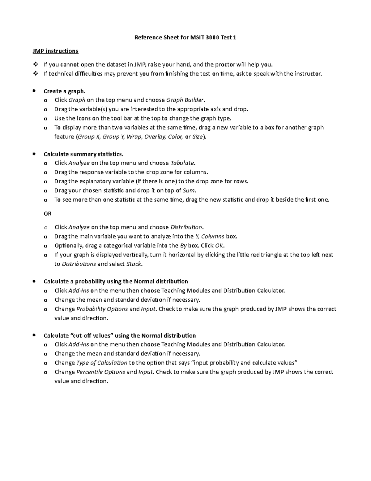JMP reference sheet for test 1 1 - Reference Sheet for MSIT 3000 Test 1 ...