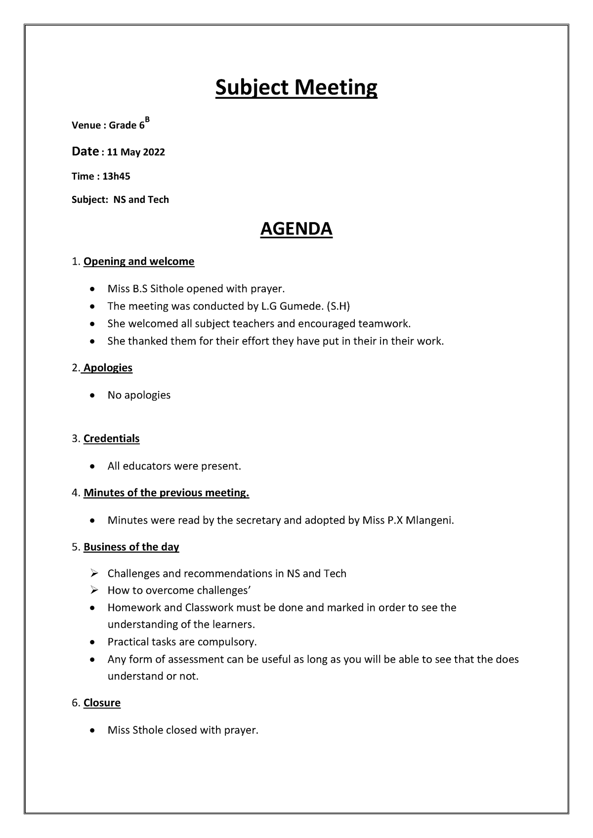 Subject Meeting - Subject Meeting Venue : Grade 6B Date : 11 May 2022 ...