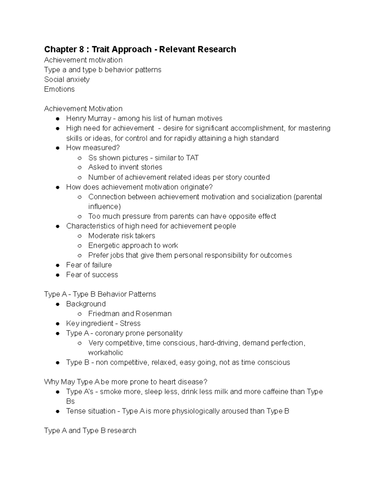 Psych 351 ch 8 - Lecture notes 8 - Chapter 8 : Trait Approach ...