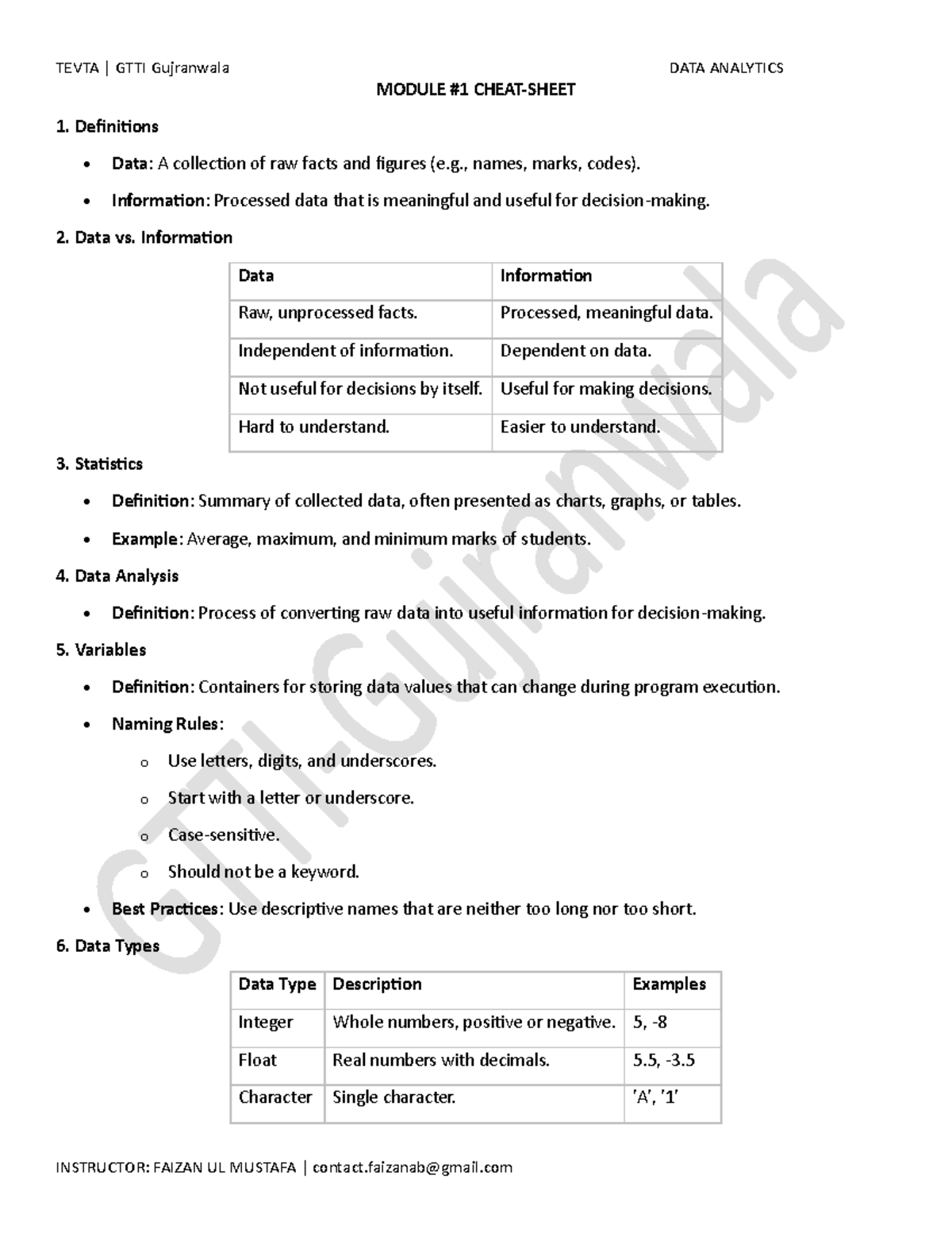 Module#1 Cheat Sheet - Dataanalytics basics - MODULE #1 CHEAT-SHEET 1 ...