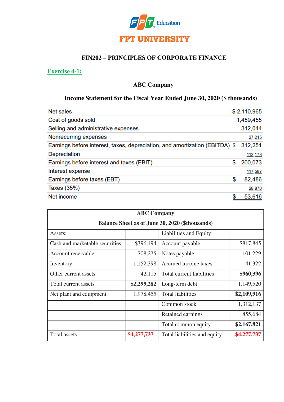 FIN202-Exercise-Chap4 - FIN202 – PRINCIPLES OF CORPORATE FINANCE ...