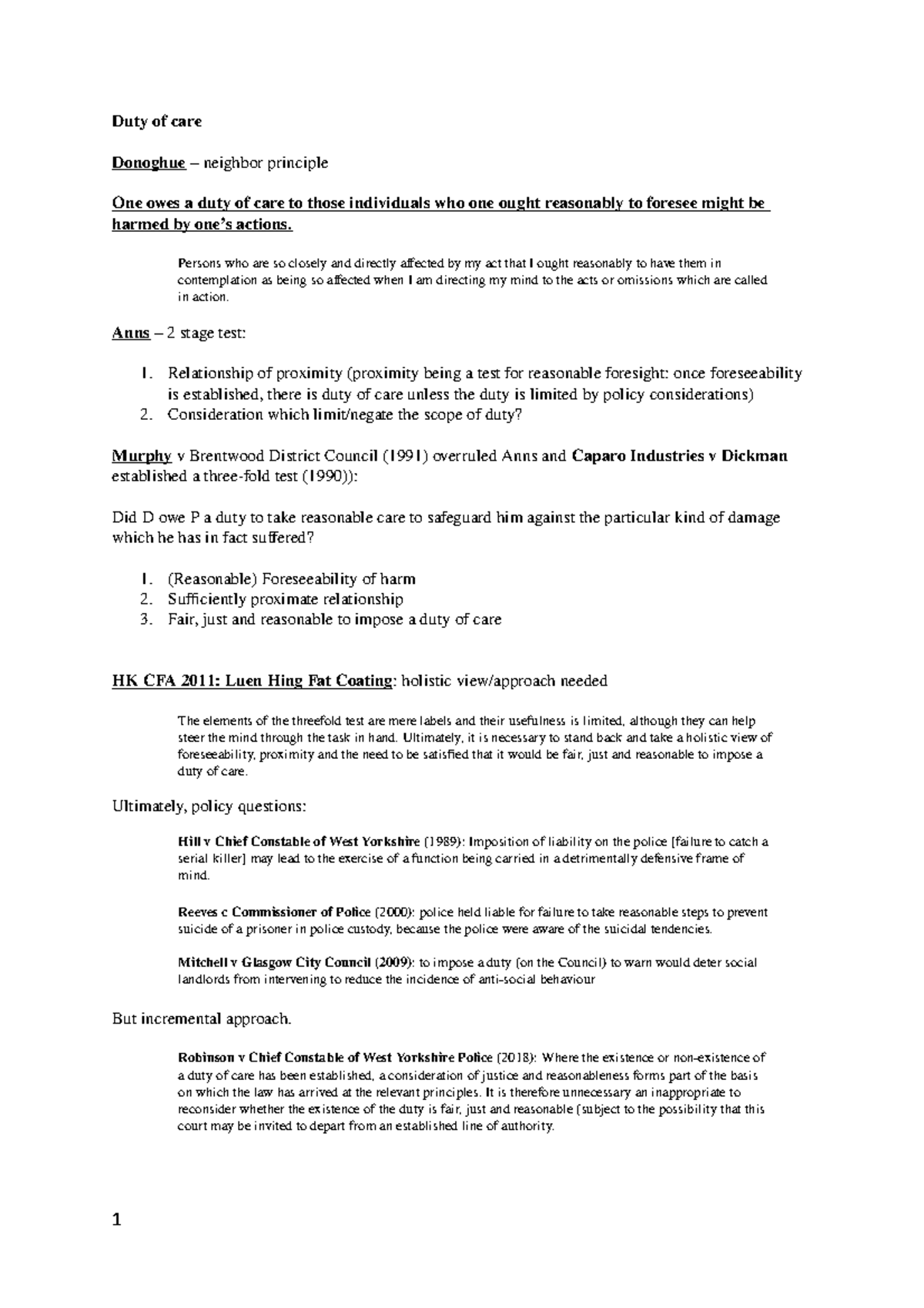 Tort Notes new - Summary Law of Tort I - Duty of care Donoghue ...