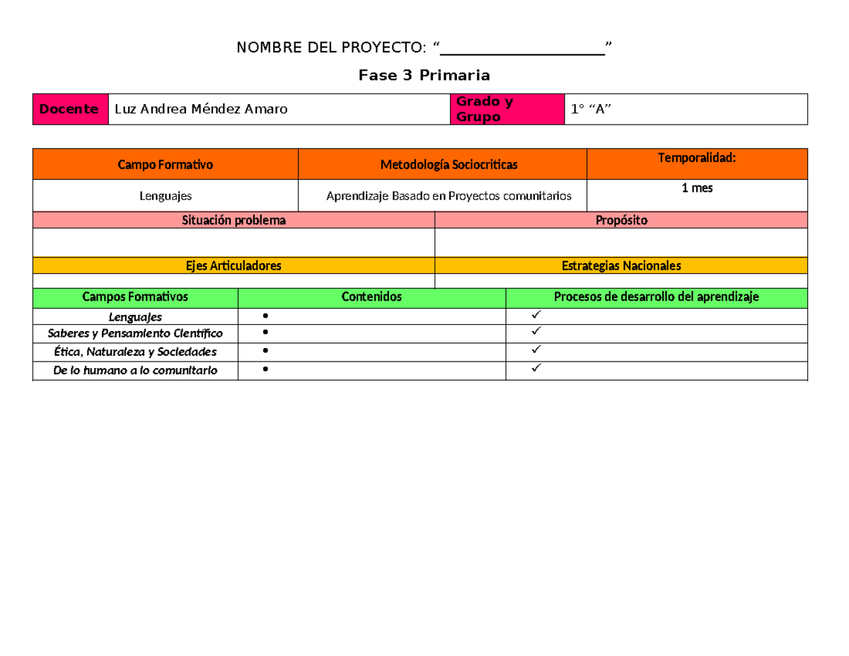 Planeación por proyectos comunitarios 2 - NOMBRE DEL PROYECTO ...