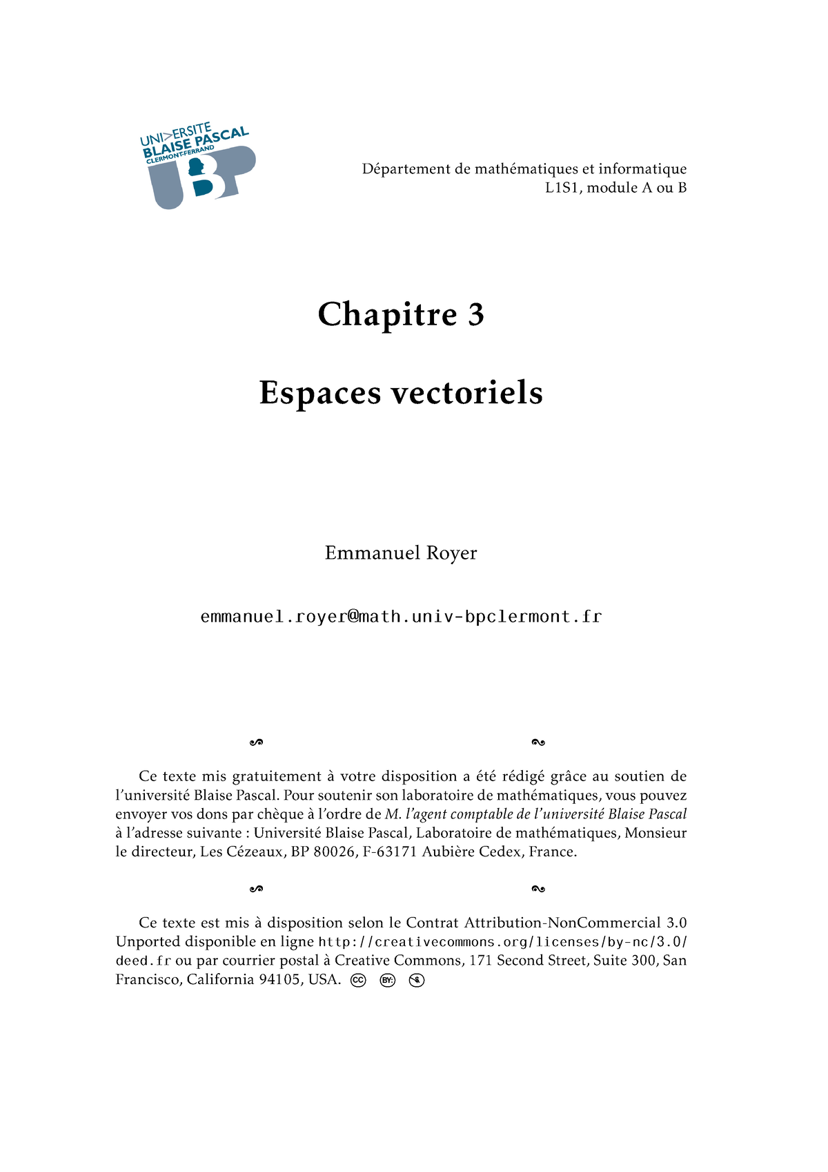 Poly L1S1 Espaces Vectoriels - Département De Mathématiques Et ...