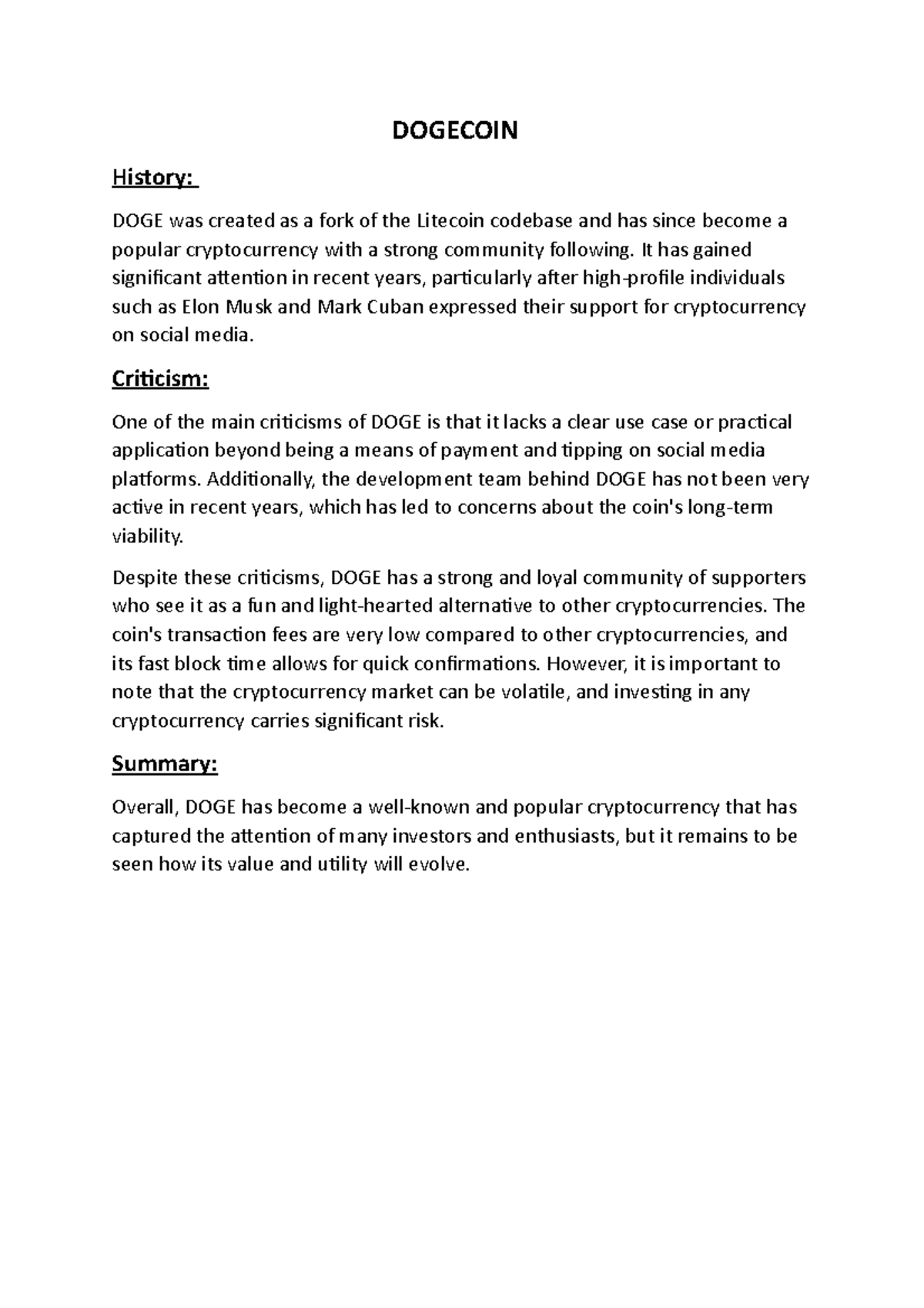 Dogecoin - DOGECOIN History: DOGE was created as a fork of the Litecoin ...
