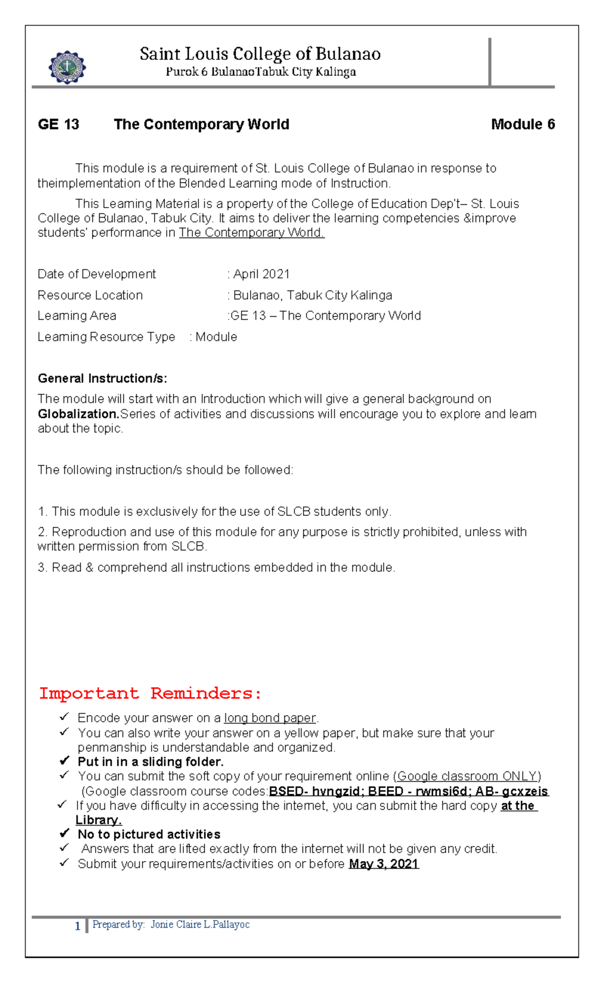 GE 13 Final term module - Purok 6 BulanaoTabuk City Kalinga GE 13 The ...