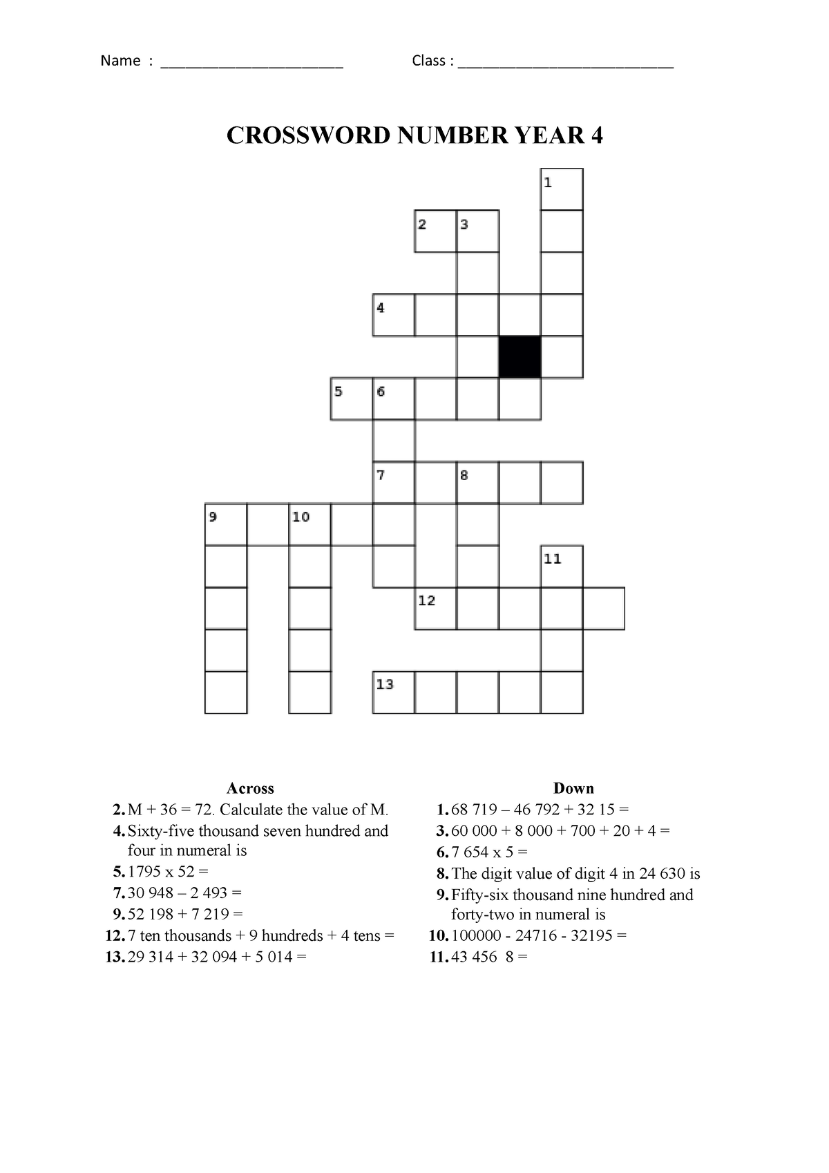 crossword-number-year-4-name-class