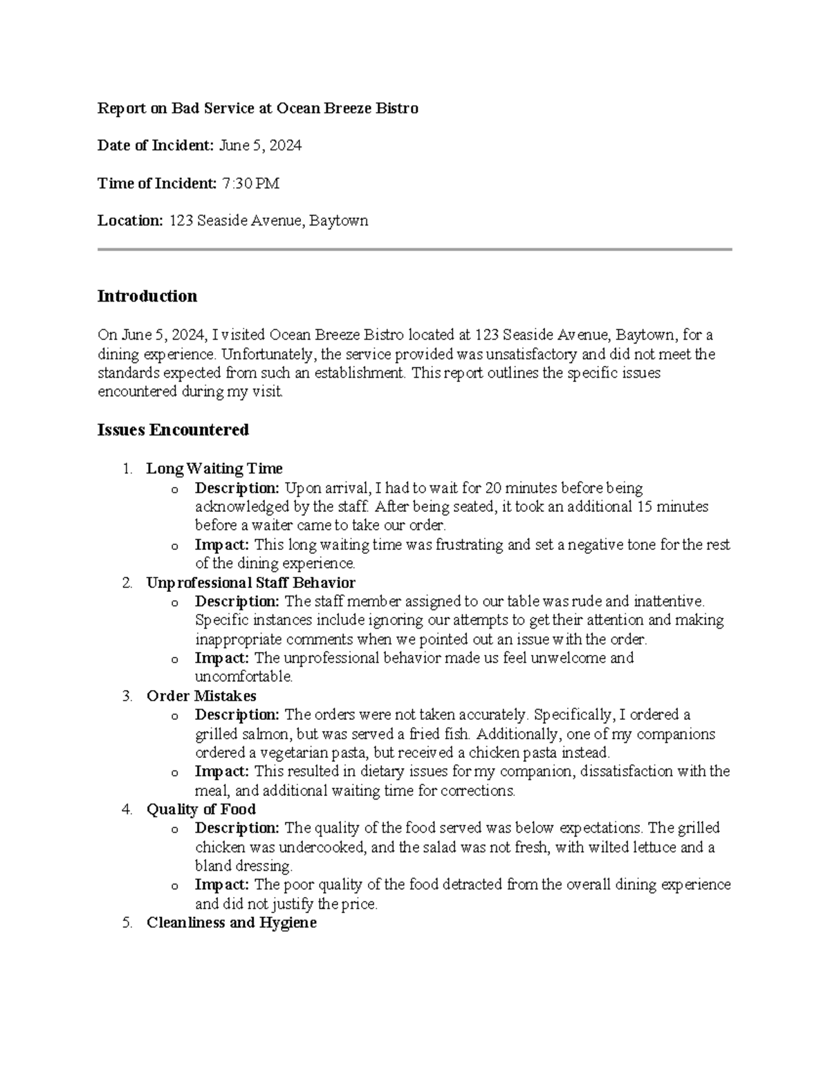 Report on Bad Service at Ocean Breeze Bistro - Unfortunately, the ...