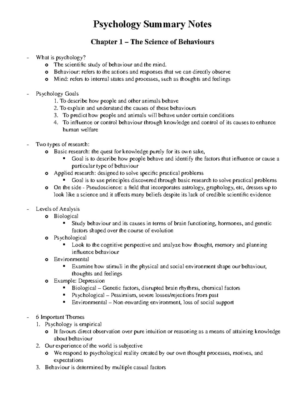 Psychology Notes Chapters 1-4 - Psychology Summary Notes Chapter 1 ...