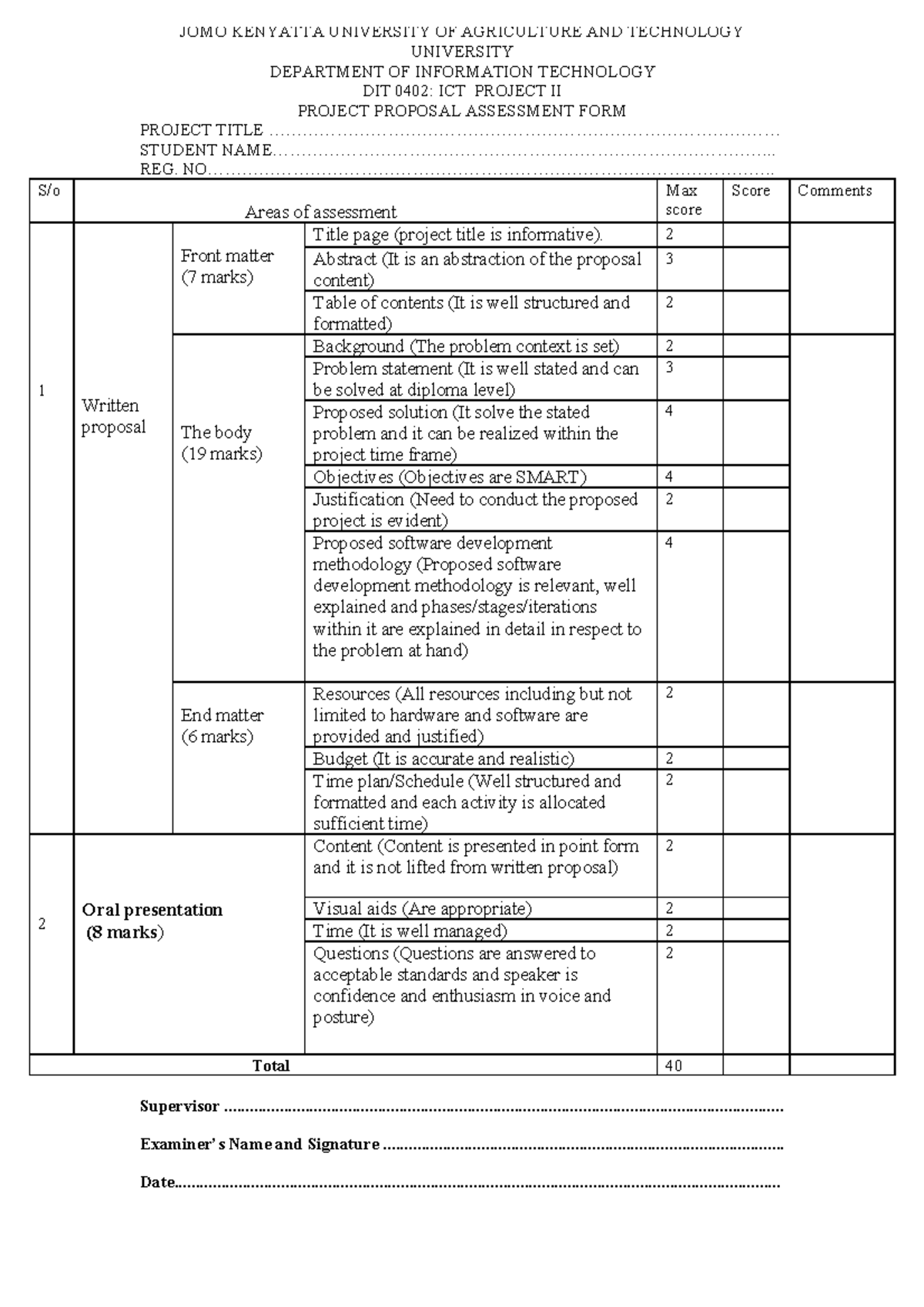 Dit Proposal Assessment Form Rev - Jomo Kenyatta University Of 