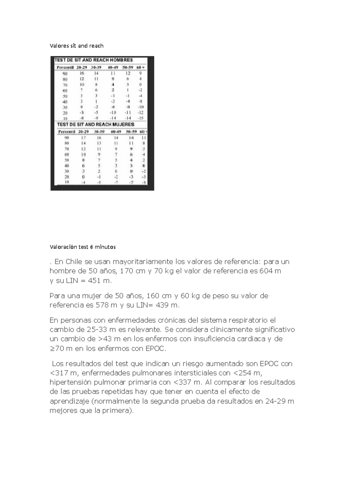 Valores sit and reach y marcha 6 min - Valores sit and reach Valoración ...