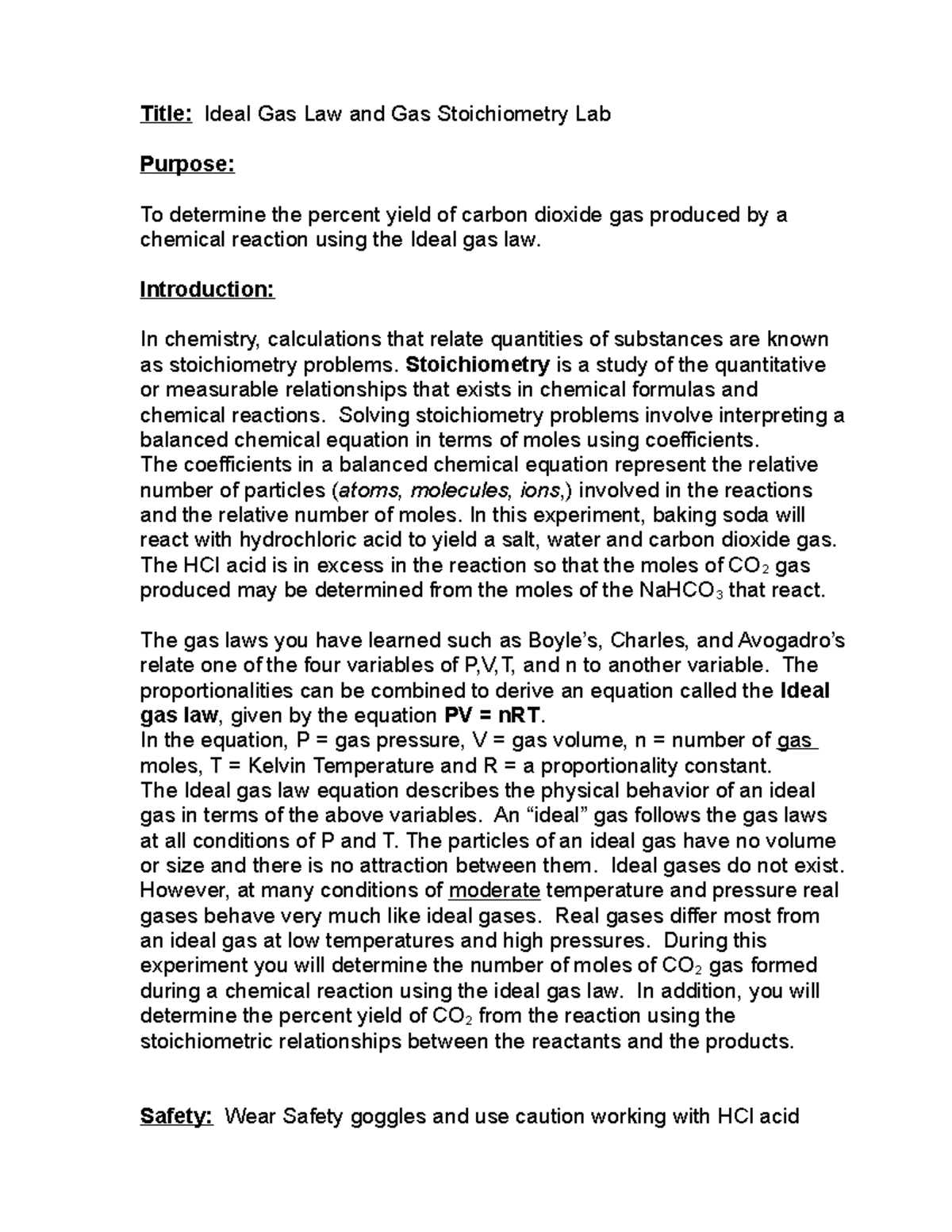 Ideal Gas Law Lab Title Ideal Gas Law and Gas Stoichiometry Lab