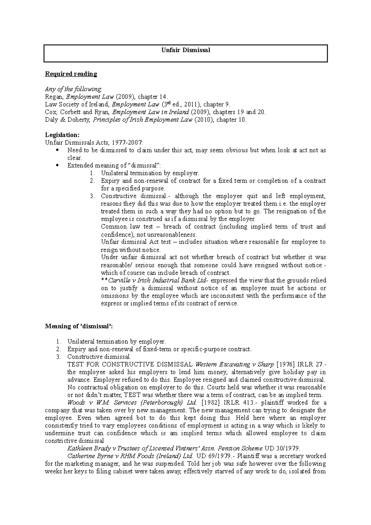 Topic 4b - Unfair Dismissal - Unfair Dismissal Required reading Any of ...