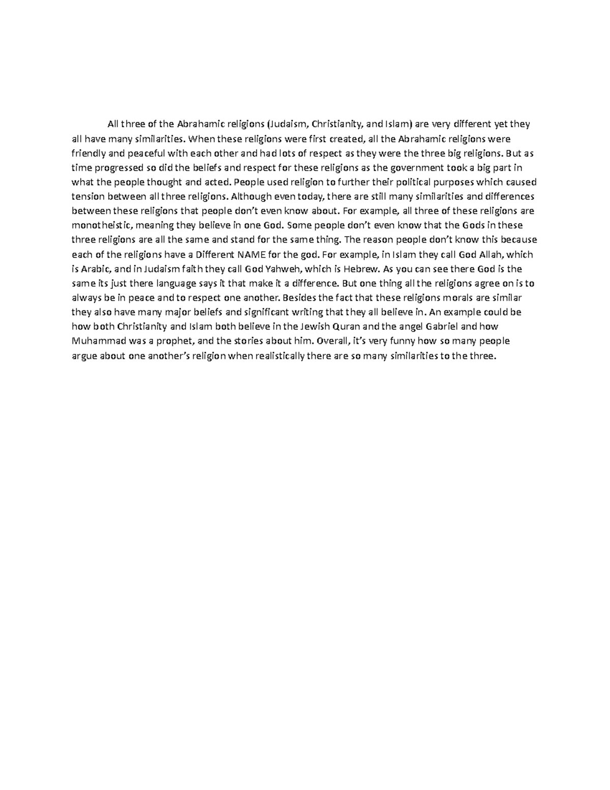 Paragraph mrs st john - All three of the Abrahamic religions (Judaism ...