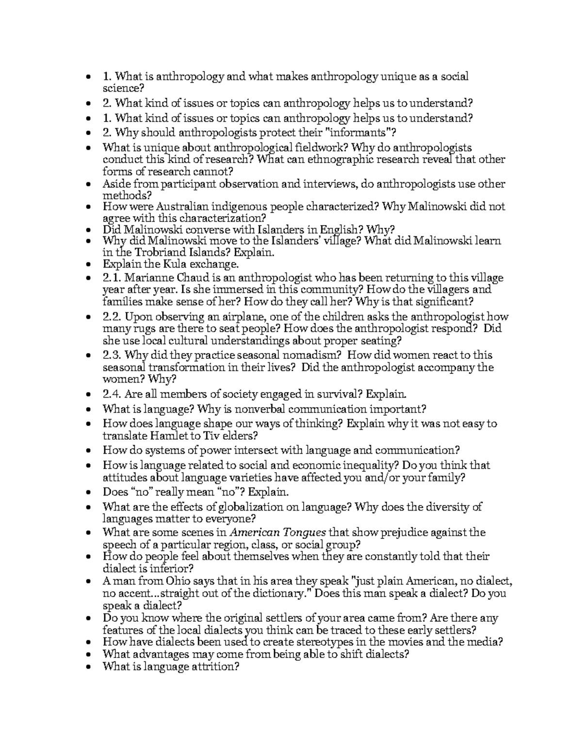 Anthro Q's - Questions for SOA101 Midterm Prof. Margarita H - What is ...
