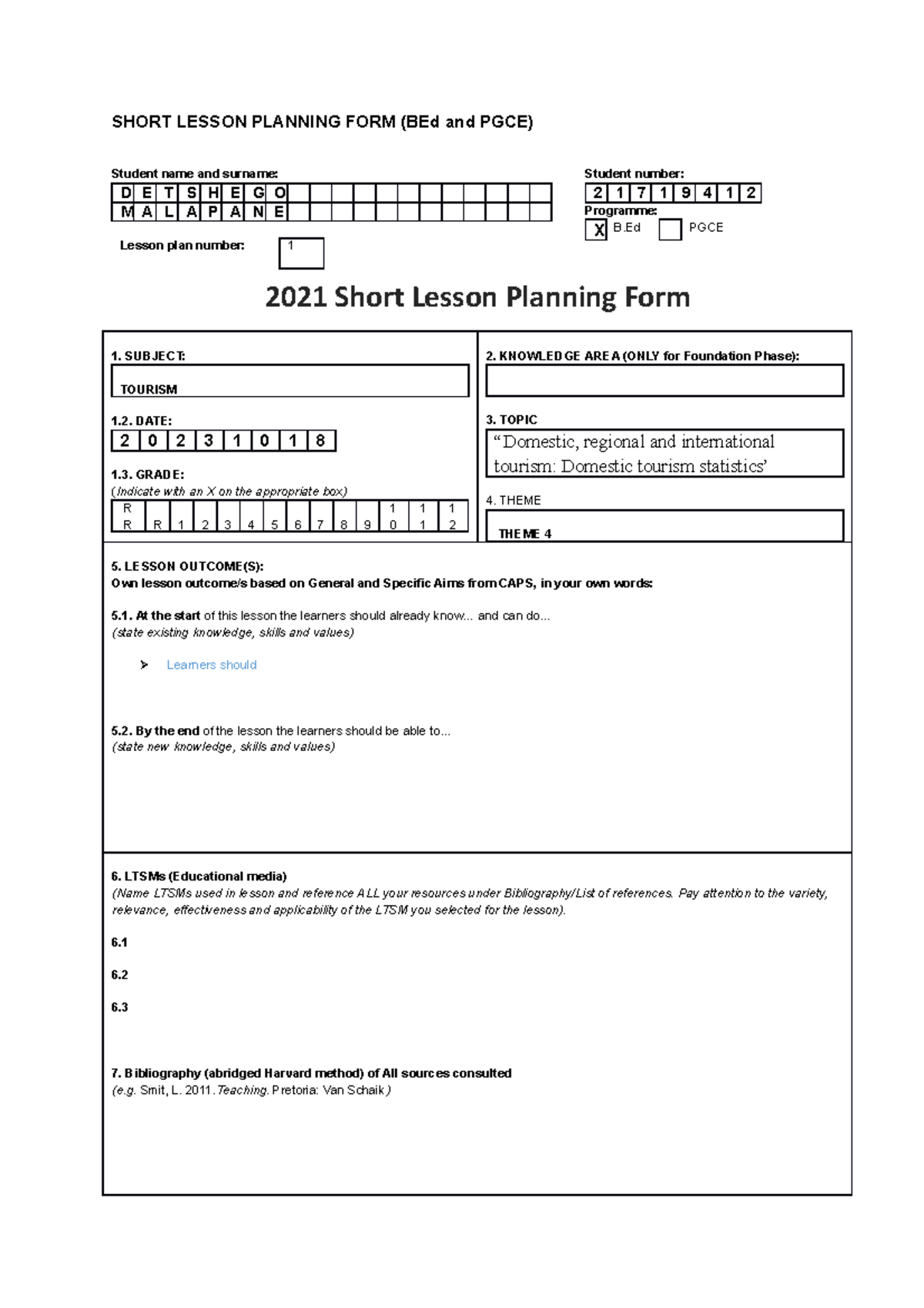 2021 TUKS Short Lesson planning form BEd and PGCE - SHORT LESSON ...